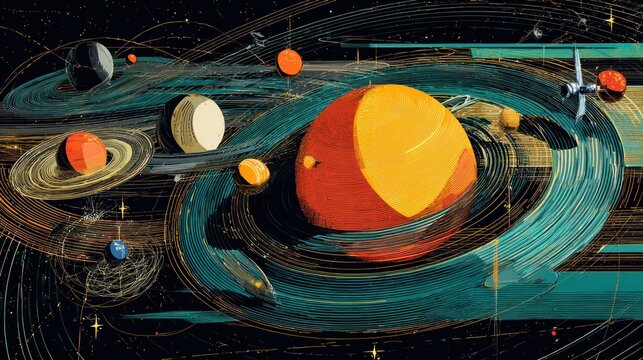 Abstract solar system illustration depicting celestial bodies and orbital paths