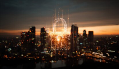 Fototapeta premium Cityscape at sunset with skyscrapers and digital lock interface for technology concept