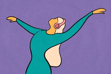Minimal illustration of happy woman dancing with headphones