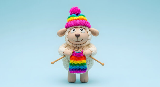 Cute knitted sheep toy wearing a rainbow hat and knitting a scarf.