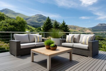 Obraz premium Outdoor patio furniture on modern deck overlooking mountains