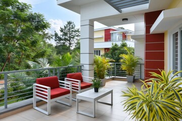 Obraz premium Modern balcony with outdoor furniture and surrounding nature