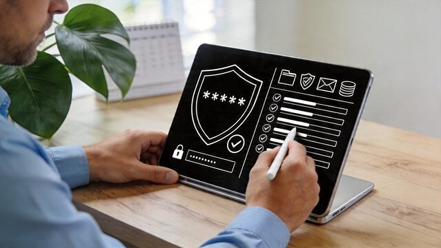 Businessman using digital tablet security software with shield icon password entry data protection cybersecurity concept office work environment online banking safety secure