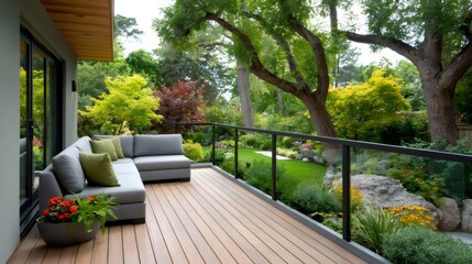 Obraz premium Modern outdoor living room deck with garden view