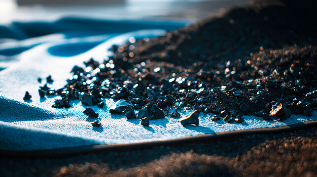 Dark shiny granular material scattered on blue textured fabric