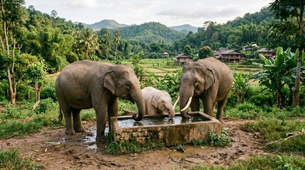 Obraz premium A family of Asian elephants, including a rare white/albino calf, drinking water from a trough in a lush tropical landscape with a village background