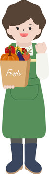 여성 농부가 신선한 과일과 채소를 들고 있는 캐릭터