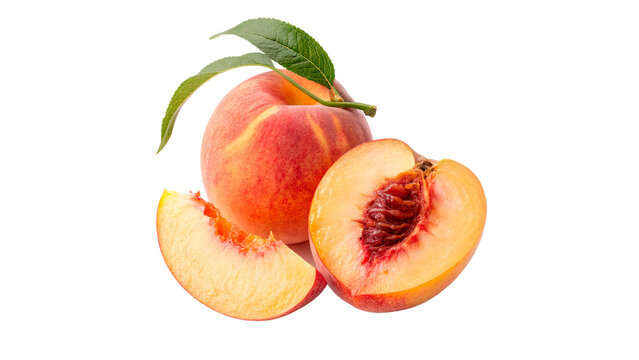 A whole peach sits next to a sliced piece showing the pit isolated on transparent background cut out