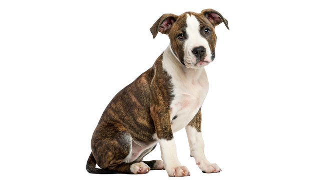 young brindle with white american staffordshire sitting quietly isolated on transparent background cut out