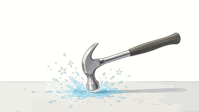 Surreal whimsical cartoon illustration of a steel claw hammer striking a flat grey surface, creating an unexpected sparkling water splash against clean blank white background
