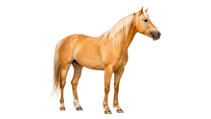 A golden horse stands on four legs with its mane flowing isolated on transparent background cut out © AAAstock2025