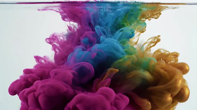 A vibrant and dynamic underwater scene showcases swirling patterns of purple, blue, and gold ink dispersing in clear water, creating an abstract and mesmerizing visual effect.