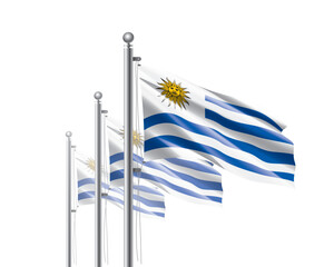 Fototapeta premium Brightly shining Uruguayan flags wave proudly on tall masts during official celebration events