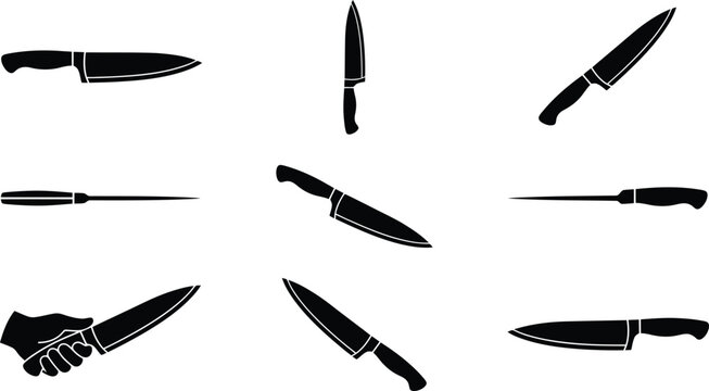 Assortment of Kitchen Knife Silhouettes and Icons in Various Types and Orientations Keywords: knife, kitchen knife, chef knife, utility knife, paring knife, blade, sharp, cutting, cooking, food