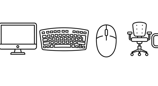 Office workstation setup with computer, keyboard, mouse, and chair indoors