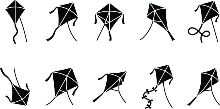 Assortment of Kite Icons and Illustrations in Silhouette flying kite recreation