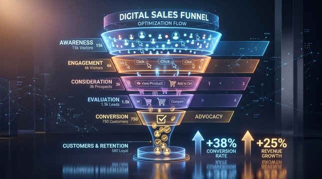 Digital sales funnel chart with stages including awareness engagement conversion retention and advocacy futuristic design with glowing layers and statistics modern office background with blurred