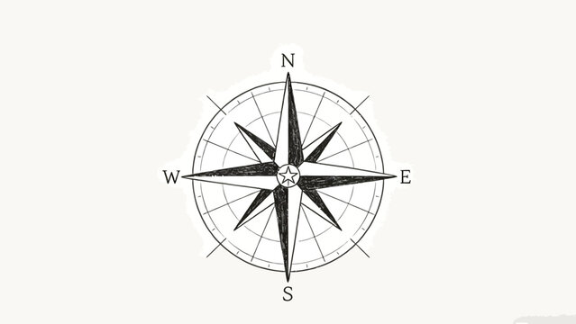 Hand Drawn Monochrome Pencil Sketch Vintage 8-Point Compass Rose With Cardinal Directions And Central Star On Off-White Paper