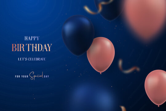 Happy birthday design featuring elegant balloons in rose gold and navy tones