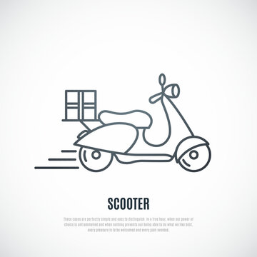 Outline vector illustration of Delivery of box on scooter. 