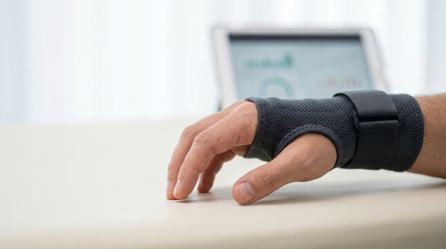 Medical hand wrist brace support injury rehabilitation therapy orthopedic recovery patient hand with wrist brace table during rehabilitation therapy orthopedic support for injury recovery clinic