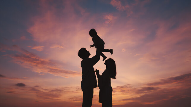 A loving family shares a joyful moment with their child under a beautiful sunset sky, capturing pure happiness.