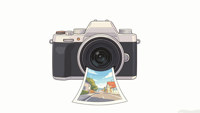 Clean minimalist flat illustration of a vintage camera ejecting an instant photo of a sunny suburban residential street on plain off-white background