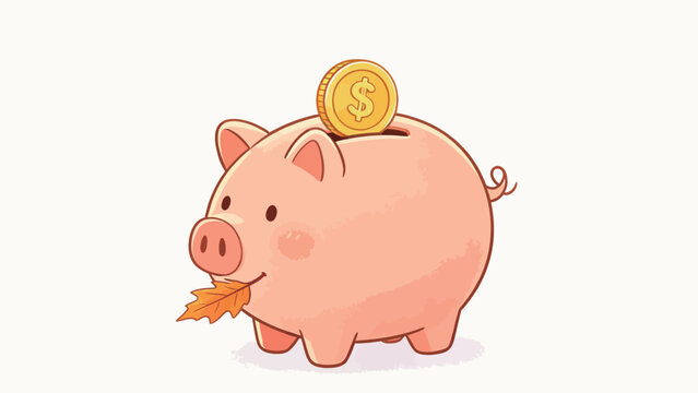 Warm Cute Cartoon Illustration of Smiling Blush Pink Piggy Bank, Gold Dollar Coin Entering Slot, Holding Orange Autumn Leaf on Plain White Background