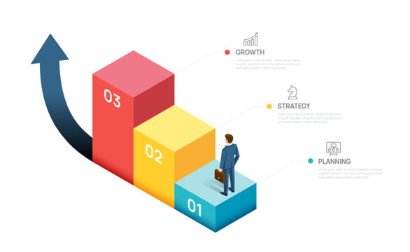 Business success infographic with arrow isometric 3 steps, career growth, and achievement concept, vector.