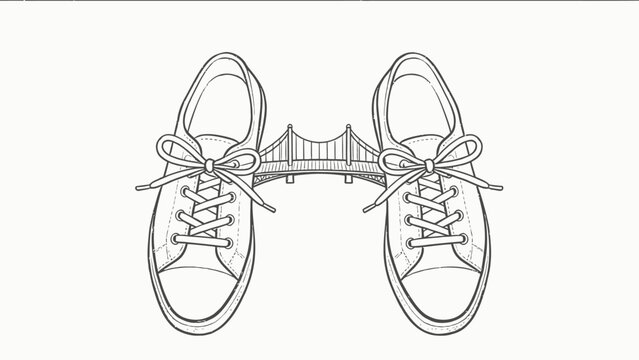 Surreal Monochrome Line Art Illustration of Matching Lace-Up Canvas Sneakers Connected by a Miniature Suspension Bridge Spanning Between Them