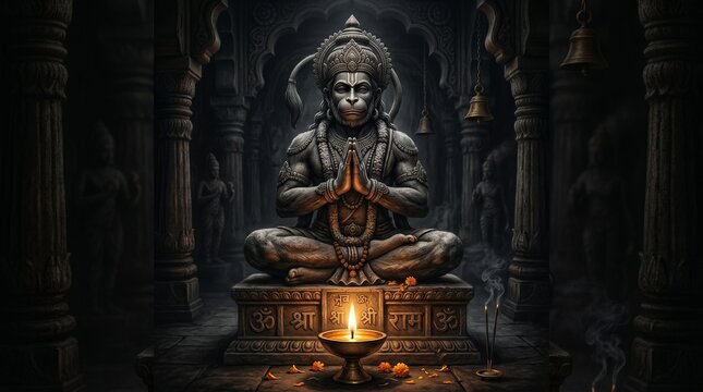 Stone statue of Hanuman meditating in prayer inside a dimly lit ancient temple with a candle offering.