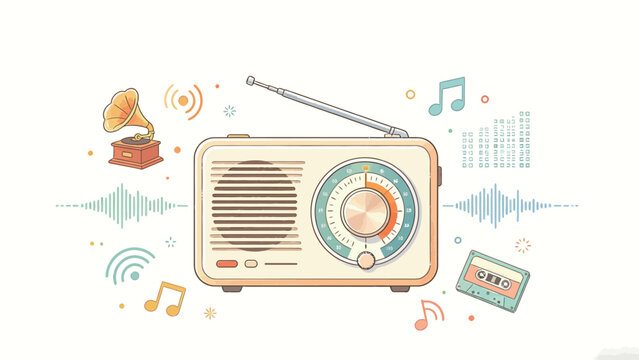 Whimsical Soft Pastel Retro Transistor Radio Illustration Surrounded by Gramophone, Cassette Tape, Music Notes, Sound Waves and Broadcast Symbols