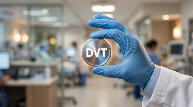 Medical hospital glove doctor laboratory thrombosis medical concept hospital corridor as blue glove hand hold round icon with DVT text for thrombosis diagnosis prevention treatment patient care