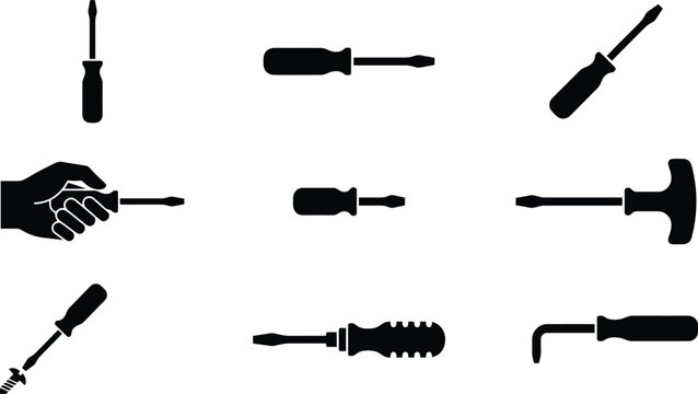 Assortment of Screwdriver Icons and a Hand Holding a Screwdriver tool hardware