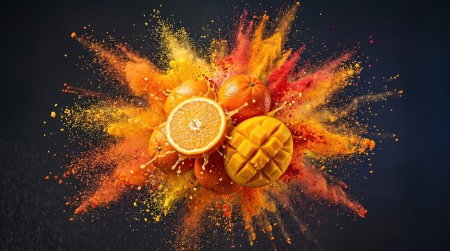 Vibrant explosion of colorful powder surrounding fresh sliced orange and mango fruit against a dark background dynamic and energetic composition with bold contrast