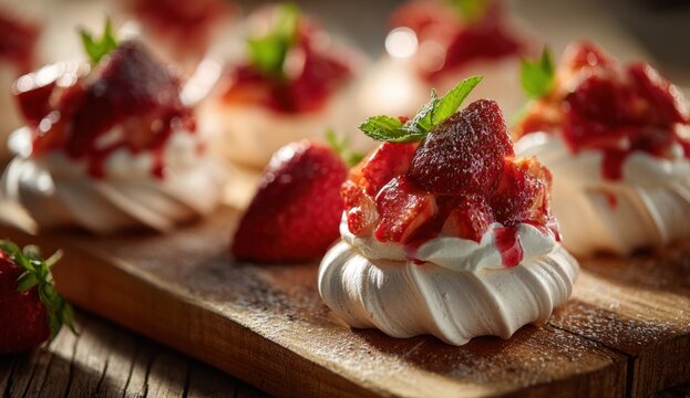 Delicious mini strawberry pavlovas with fresh fruit and mint garnish on a wooden serving platter