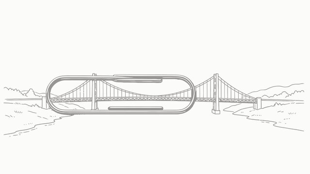Playful Conceptual Mixed Media Optical Illusion: Real Metal Paper Clip Seamlessly Blended With Hand Drawn Suspension Bridge Line Art On Plain White Paper