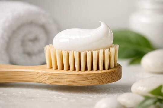 Close up of a bamboo toothbrush with a dollop of white toothpaste on bristles, soft towel and green leaves in the blurred background, spa setting