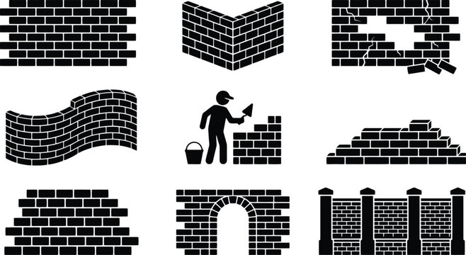 Black Brick Wall Icons and Masonry Symbols on White Background Keywords: brick, wall, bricks, masonry, builder, construction, architecture, building, repair, damage, crack, arch, fence, trowel