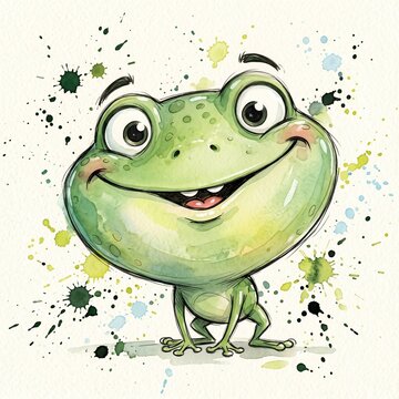 Cute cartoon frog with a happy expression painted in a colorful watercolor style on a plain white textured paper surface