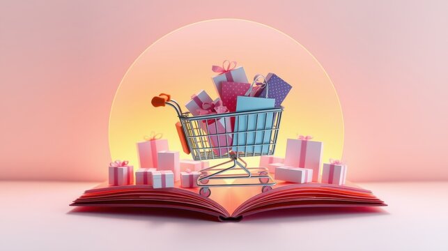 Open book supports shopping cart filled with colorful gifts. Warm lighting creates festive mood. Presents stacked around base.