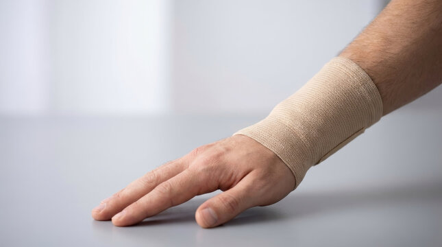 Medical wrist bandage hand injury pain therapy recovery support healthcare patient resting hand table with wrist bandage for injury pain therapy recovery support healthcare clinic showing medical