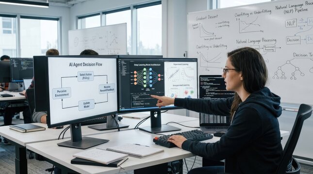 A woman is working on a computer in an office setting.