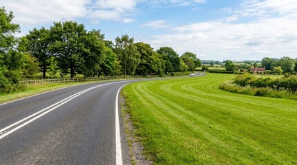 Naklejka premium A wide, asphalt road curves through a lush green landscape. A white painted barrier separates the lanes of the road.