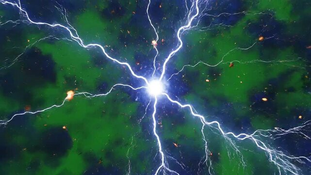 Dynamic abstract animation of electric lightning bolts and plasma energy pulsating on a dark green background