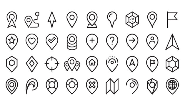 A clean collection of minimalist location pin icons featuring diverse symbols for maps, apps, and web designs.