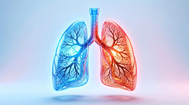 Human lungs anatomy with blue and red illuminated bronchial tree structures