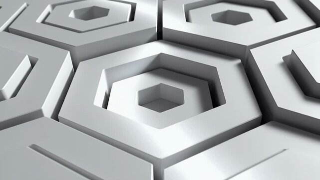 A close-up view showcases a repeating pattern of gray hexagonal tiles with recessed centers, creating a modern and geometric surface.