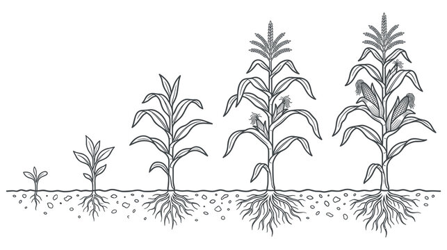 Corn growth stages from seedling to mature plant with cobs and roots black and white outline.