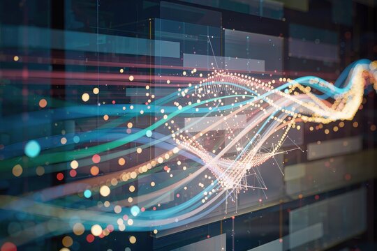Flux de donn&eacute;es color&eacute; avec particules lumineuses et r&eacute;seau num&eacute;rique abstrait &ndash; concept d&rsquo;intelligence artificielle et analyse de donn&eacute;es